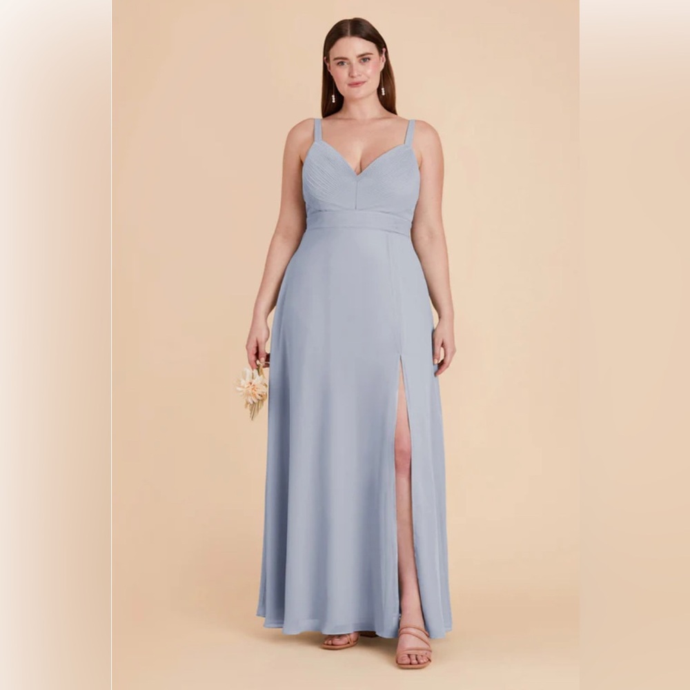 Elegant Dusty Blue Pleated Bridesmaids Birdy Grey Gown- Deborah Chiffon